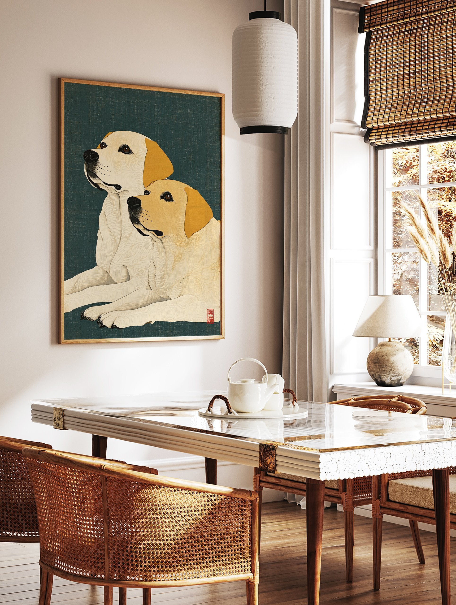 Japanese Ukiyo-e style illustration of two cream Labrador dogs looking up against a dark teal textured background, Labrador wall art. - Image 2