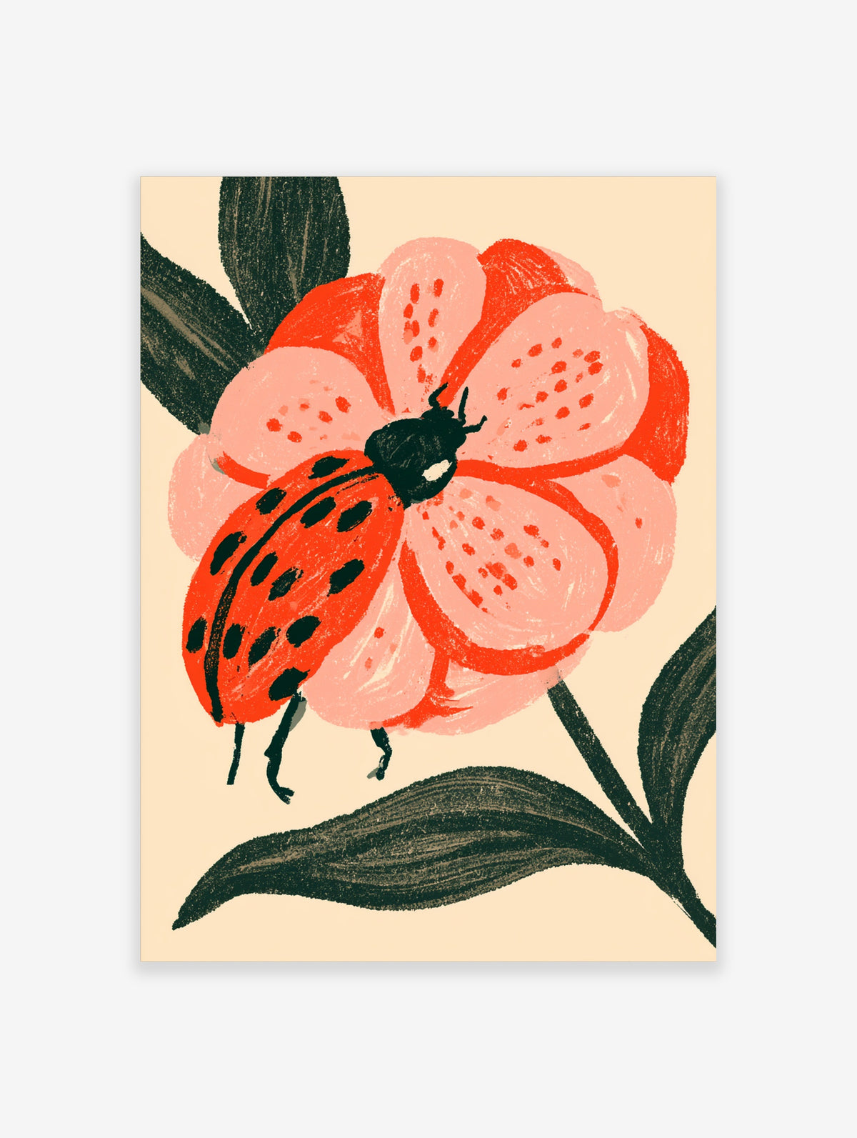 Red ladybird on a large pink flower with dark green leaves on a cream background, botanical art print