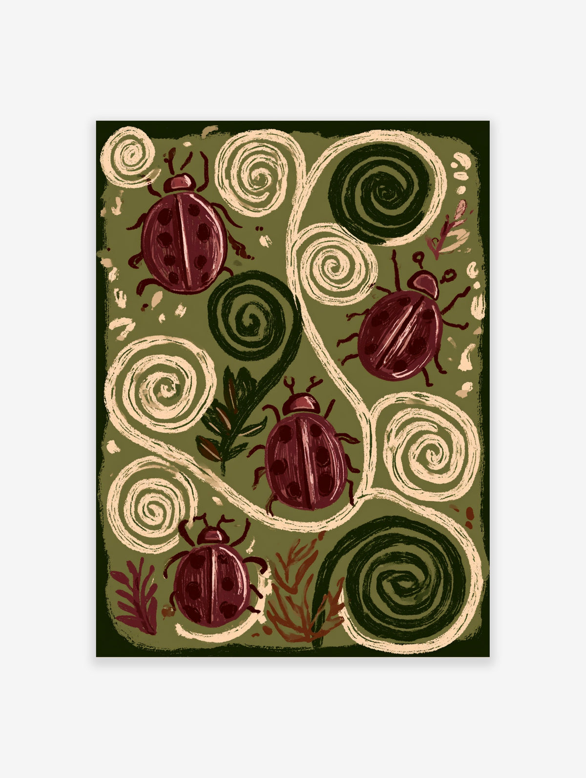 Ladybird art print with four red beetles and cream spiral snail trails on olive green background