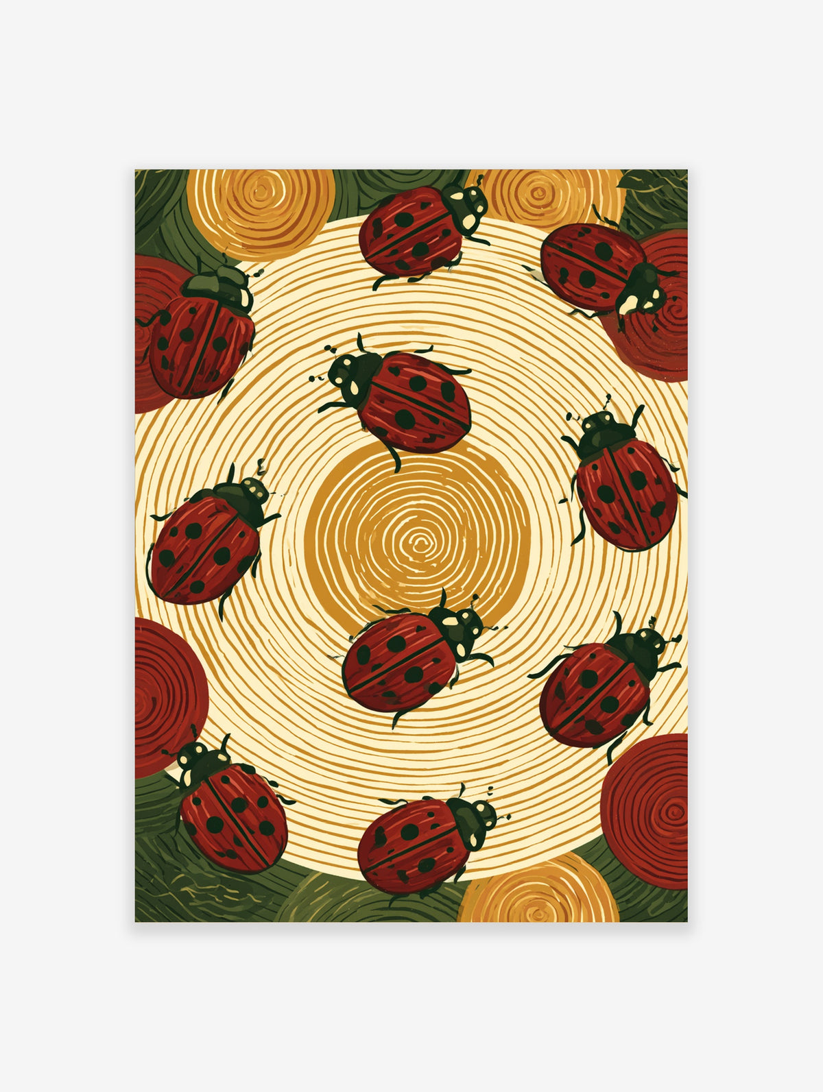 Red ladybird art print with nine beetles circling a cream woodgrain centre and green foliage