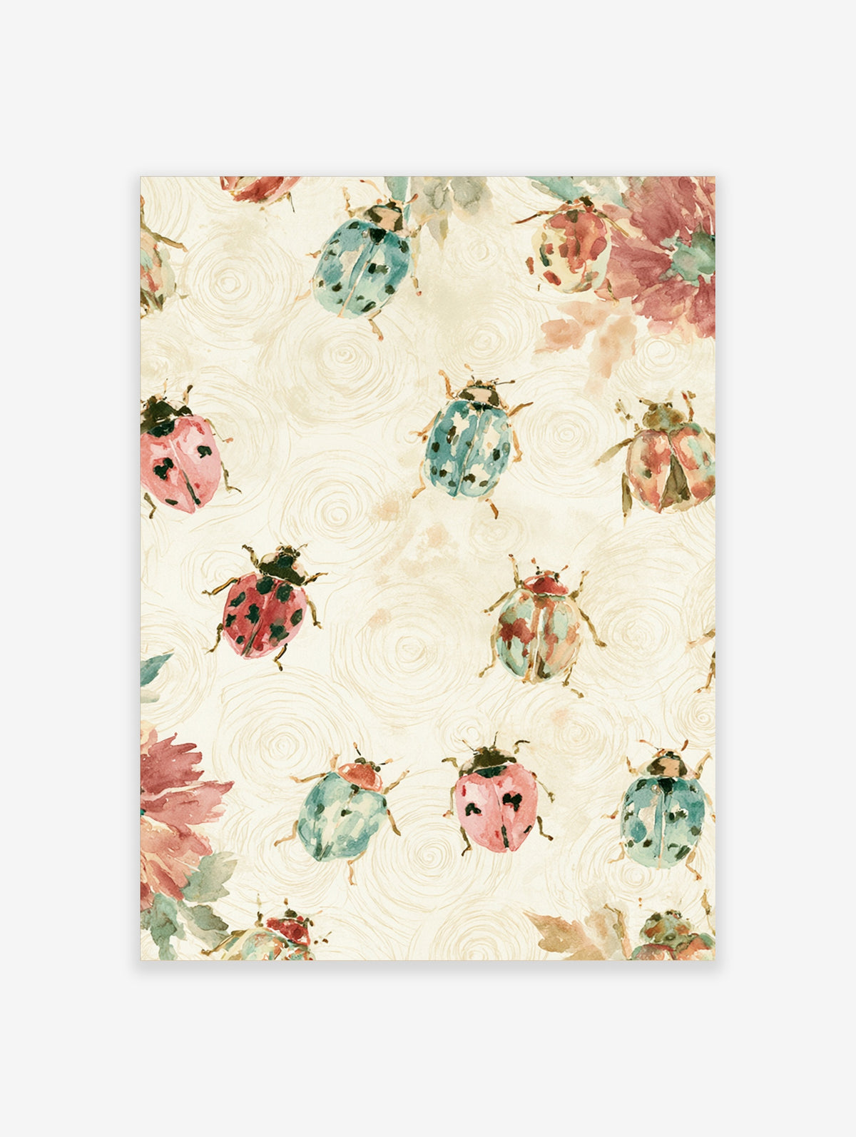 Watercolour ladybird art print with pink and blue beetles on cream spiral background