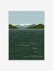 Linocut style lake mountain landscape art print with dark green mountains, blue water, and light blue sky.