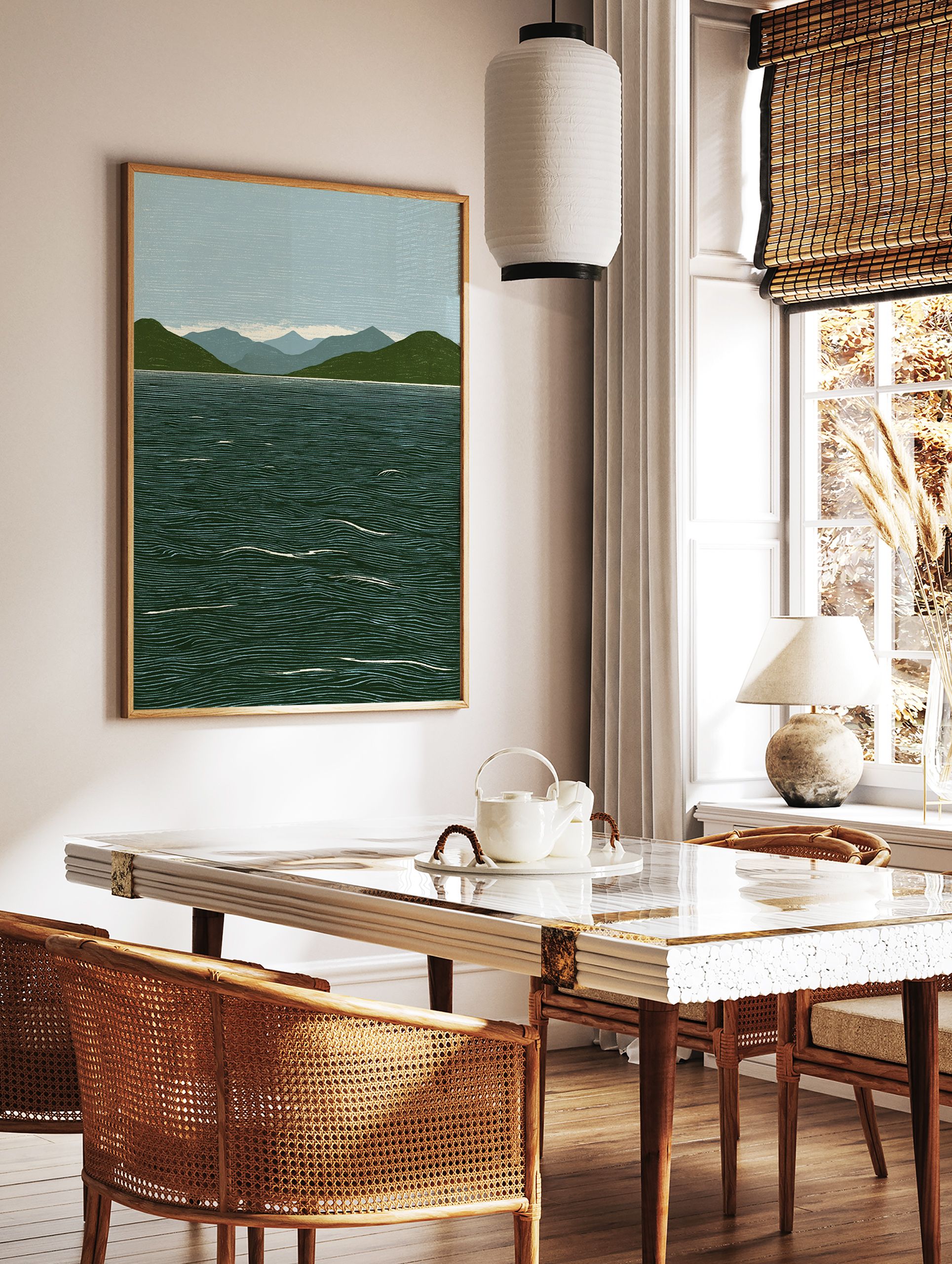 Linocut style lake mountain landscape art print with dark green mountains, blue water, and light blue sky. - Image 2