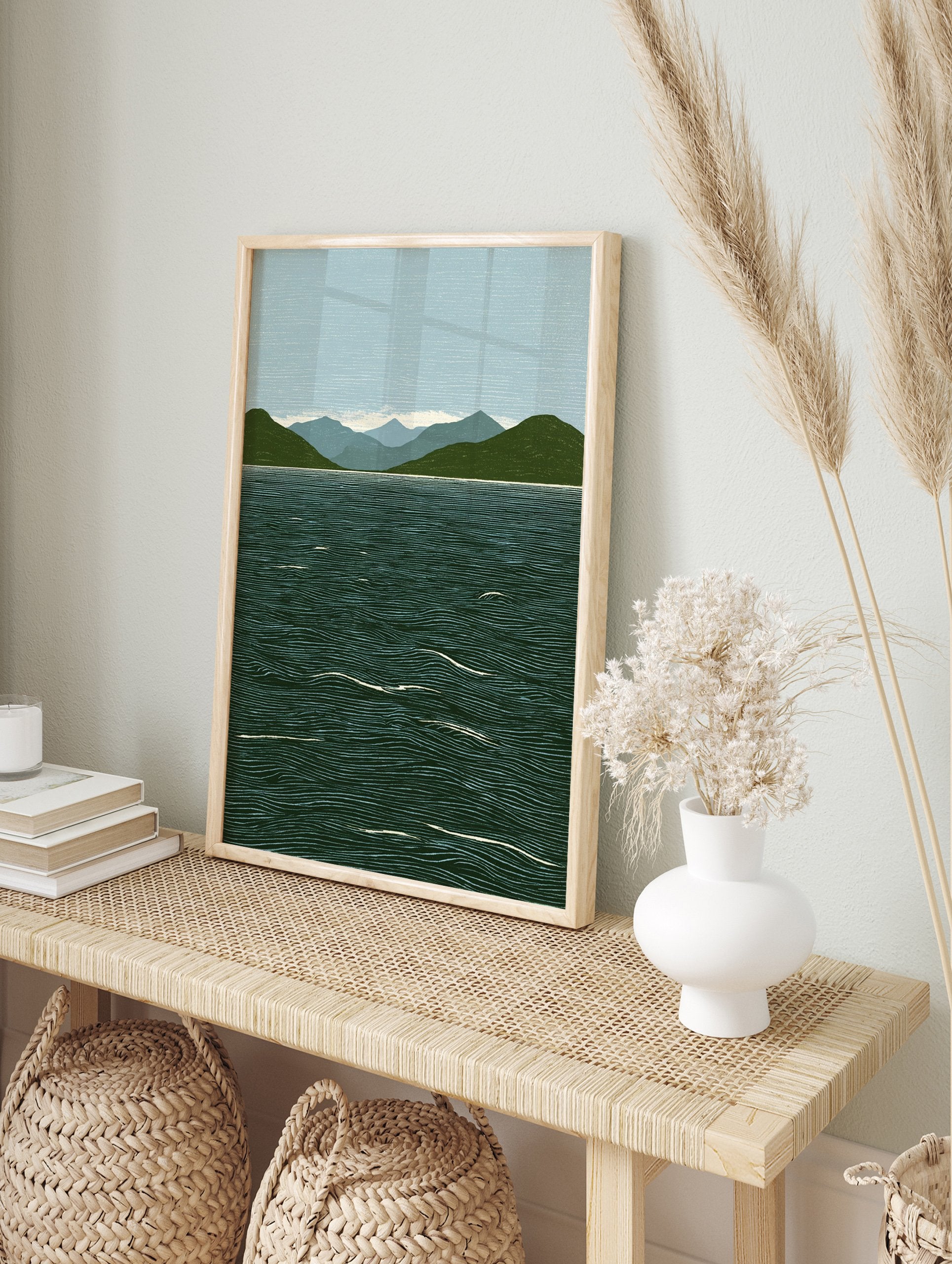 Linocut style lake mountain landscape art print with dark green mountains, blue water, and light blue sky. - Image 3