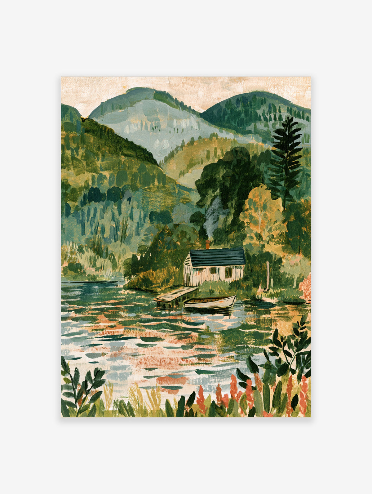 Lakeside cabin with jetty and rowing boat, green mountains and pine trees, landscape art print