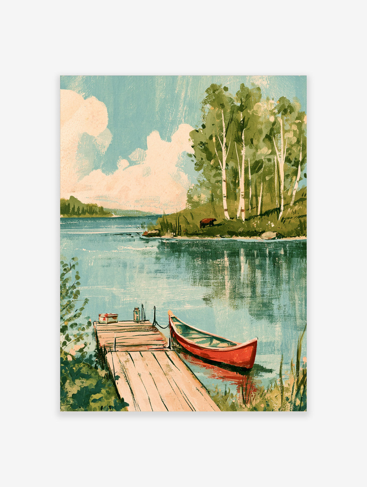 Lakeside cabin art print with red canoe at wooden dock, birch trees, bear on shore, and blue lake