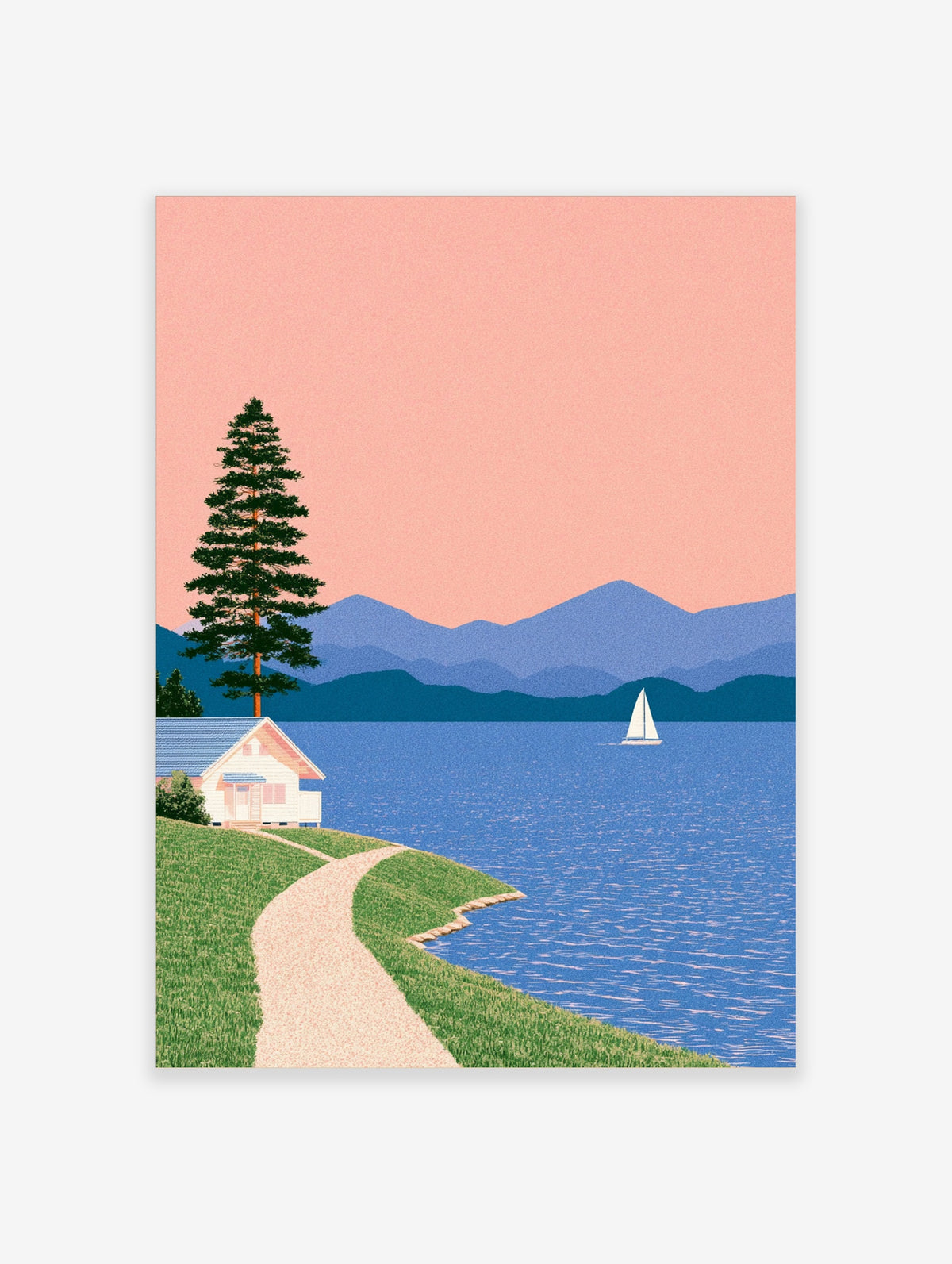Illustrative lakeside landscape with a white cottage, pine tree, sailboat, and blue mountains under a soft pink sky