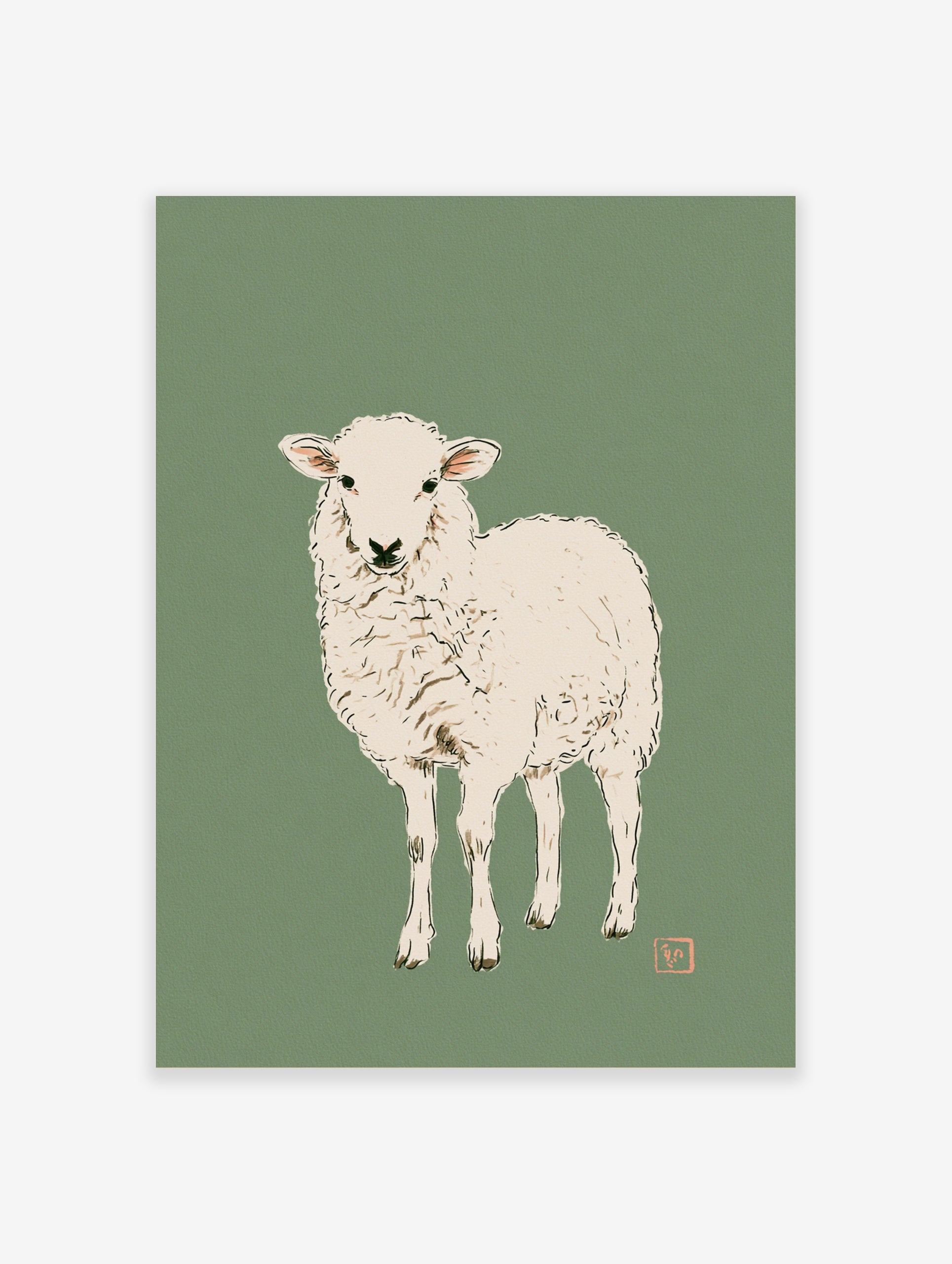 Minimalist illustration of a white lamb on a muted green background, art print