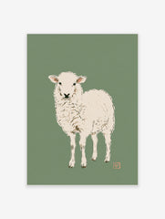 Minimalist illustration of a white lamb on a muted green background, art print