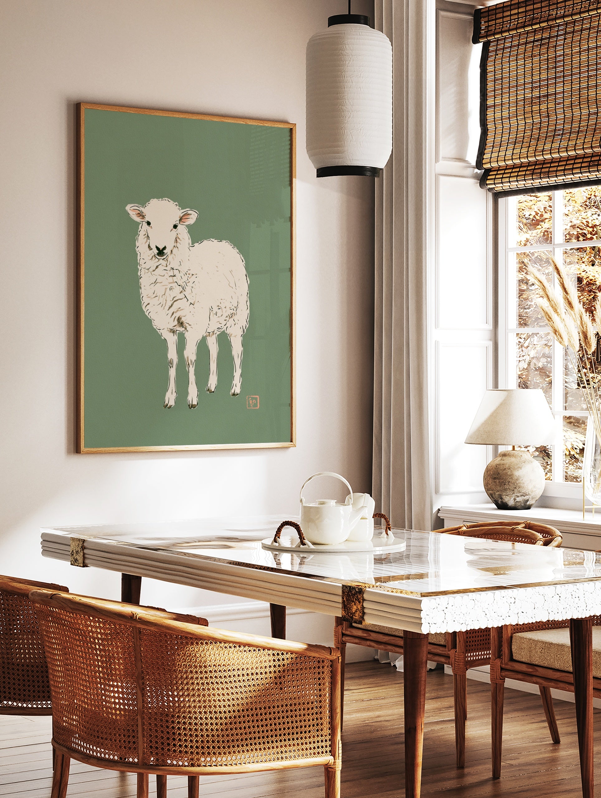 Minimalist illustration of a white lamb on a muted green background, art print, in a styled room mockup