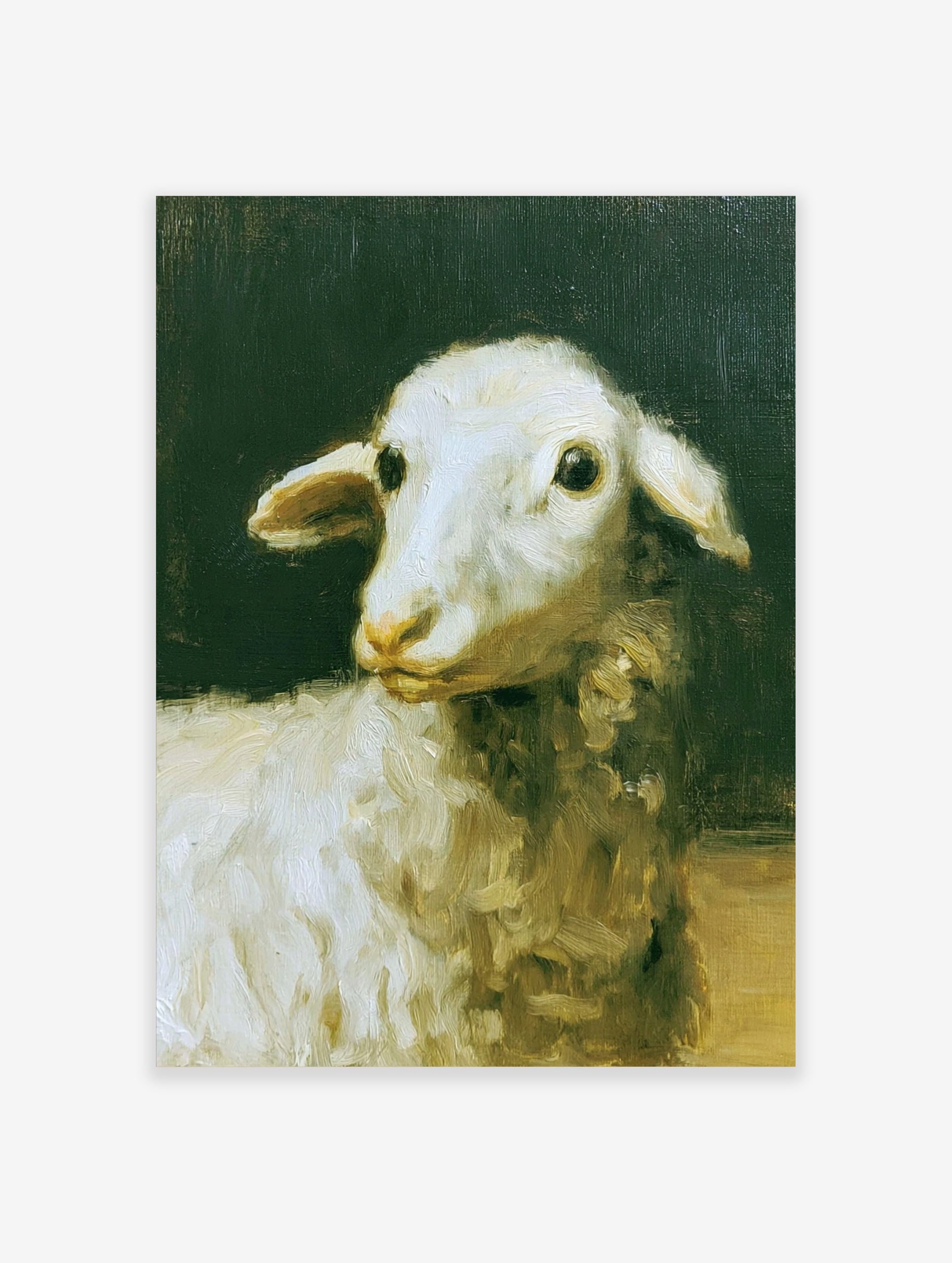 Oil painting style art print of a white lamb against a dark, moody background