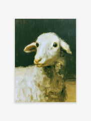 Oil painting style art print of a white lamb against a dark, moody background
