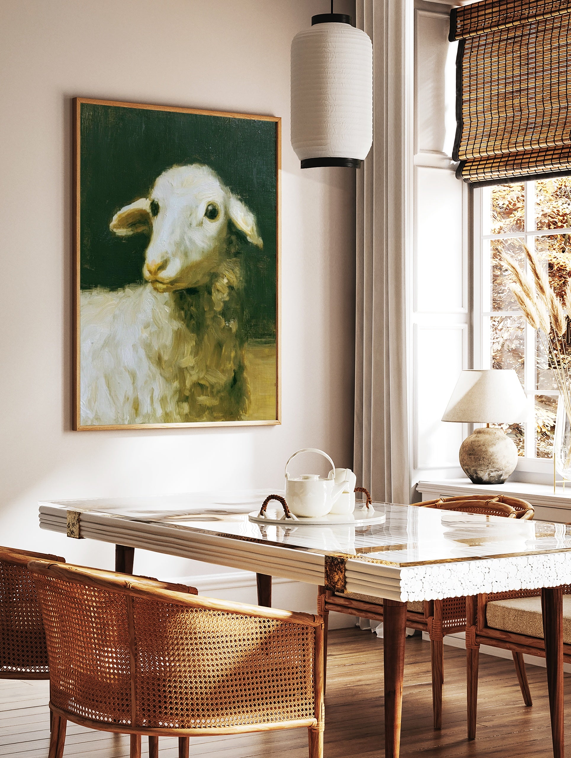 Oil painting style art print of a white lamb against a dark, moody background, in a styled room mockup