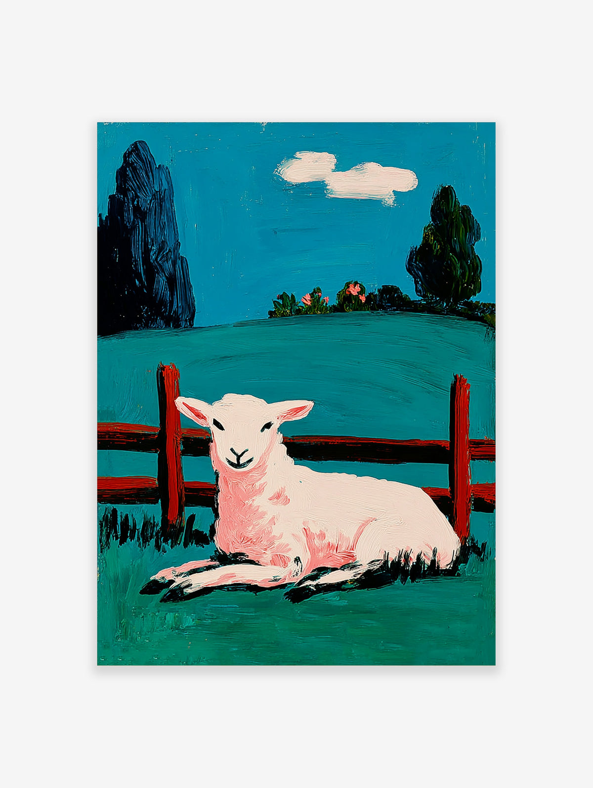 Pastel lamb art print with white sheep resting by red fence on teal field