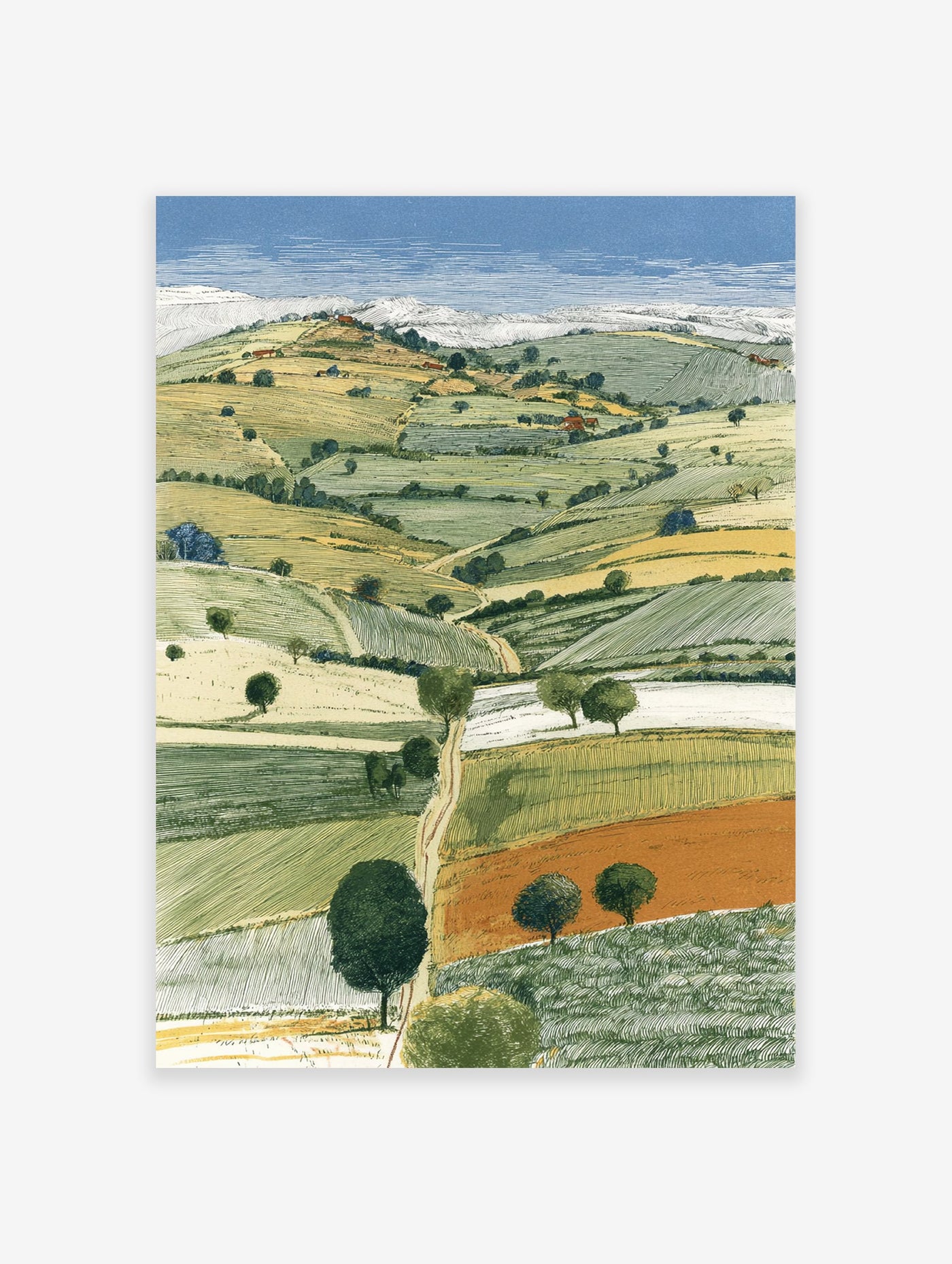 Illustrated landscape art print showing rolling green and yellow fields, trees, and a winding path under a blue sky.