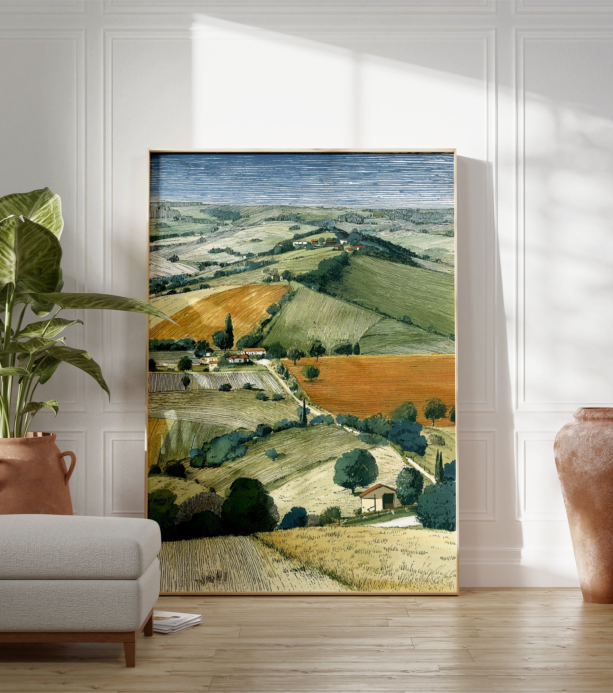 Illustrated landscape art print depicting rolling green and orange farm fields, scattered trees, and houses under a blue sky. - Image 3