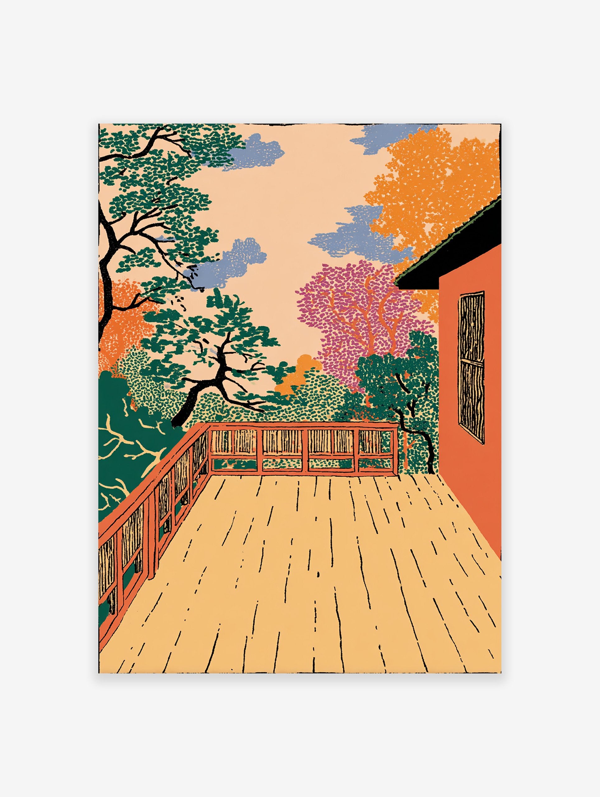 Vibrant Landscape Illustration Print of a deck overlooking colorful trees and a peach sky in Japanese style.