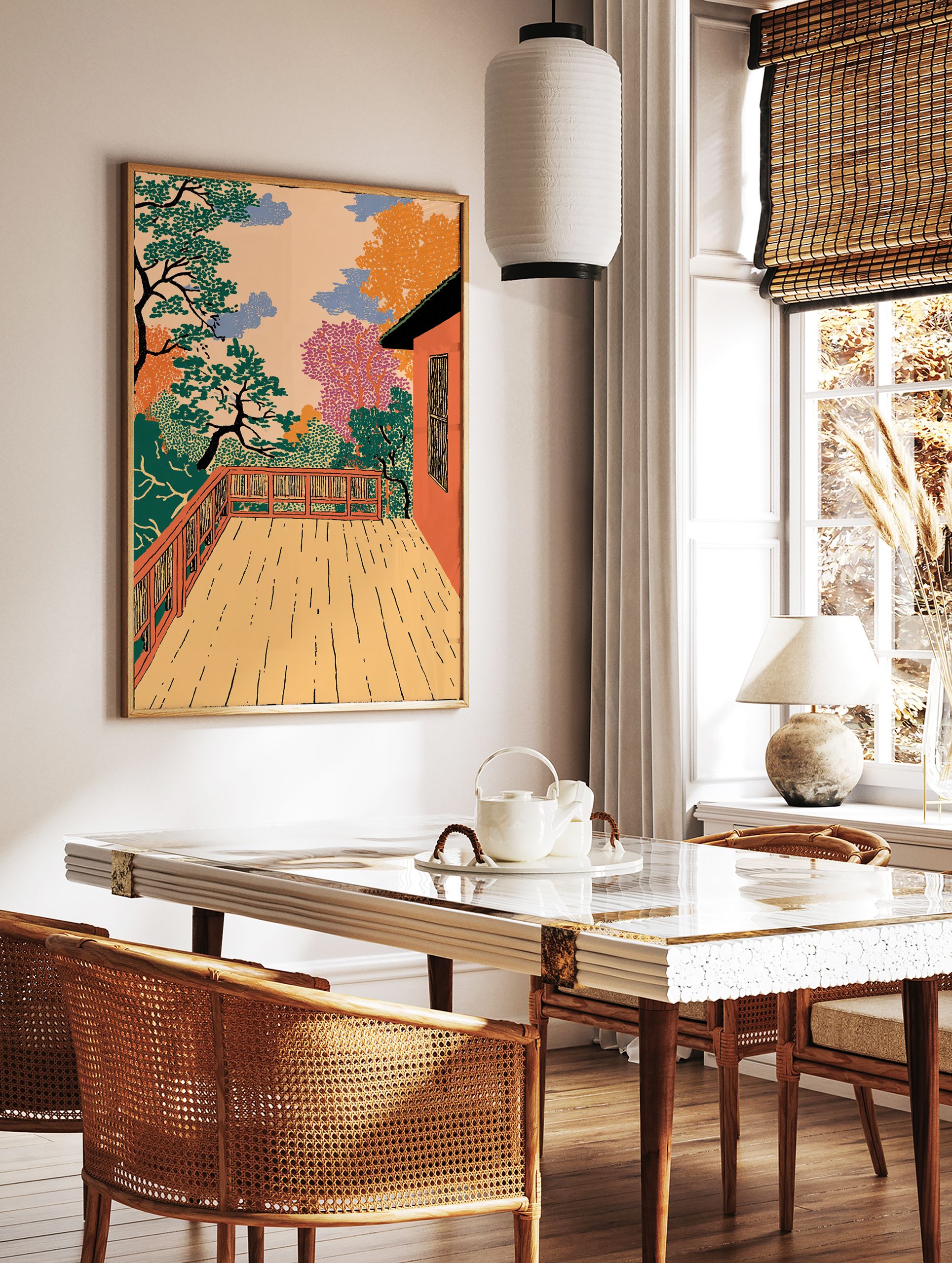 Vibrant Landscape Illustration Print of a deck overlooking colorful trees and a peach sky in Japanese style. - Image 2