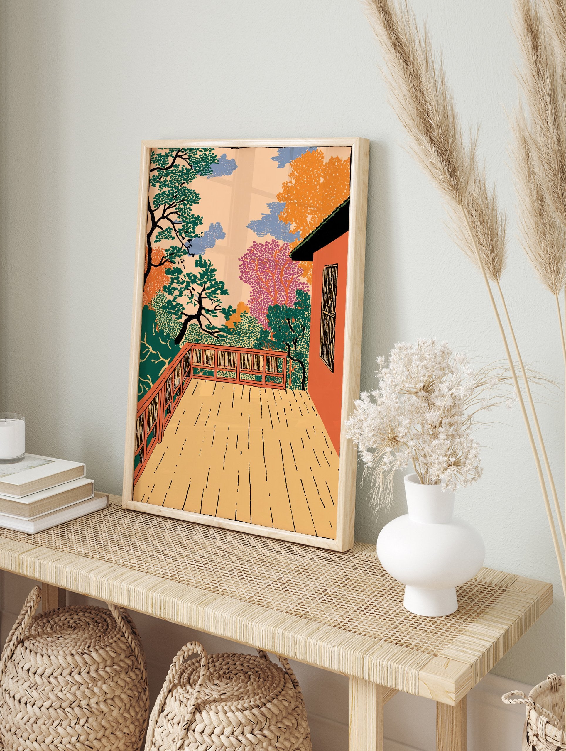 Vibrant Landscape Illustration Print of a deck overlooking colorful trees and a peach sky in Japanese style. - Image 3