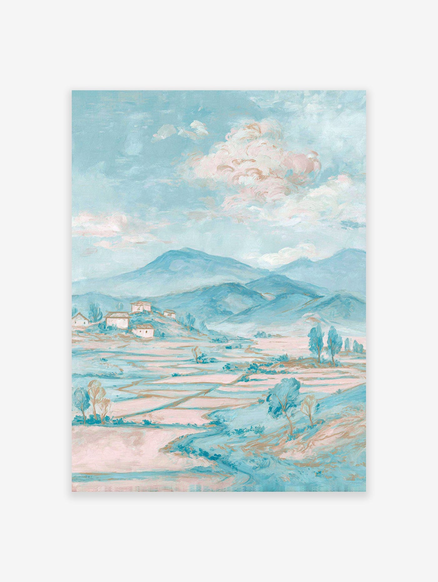 Pastel blue and pink landscape painting of a serene village with houses, mountains, fields, and trees under a cloudy sky.