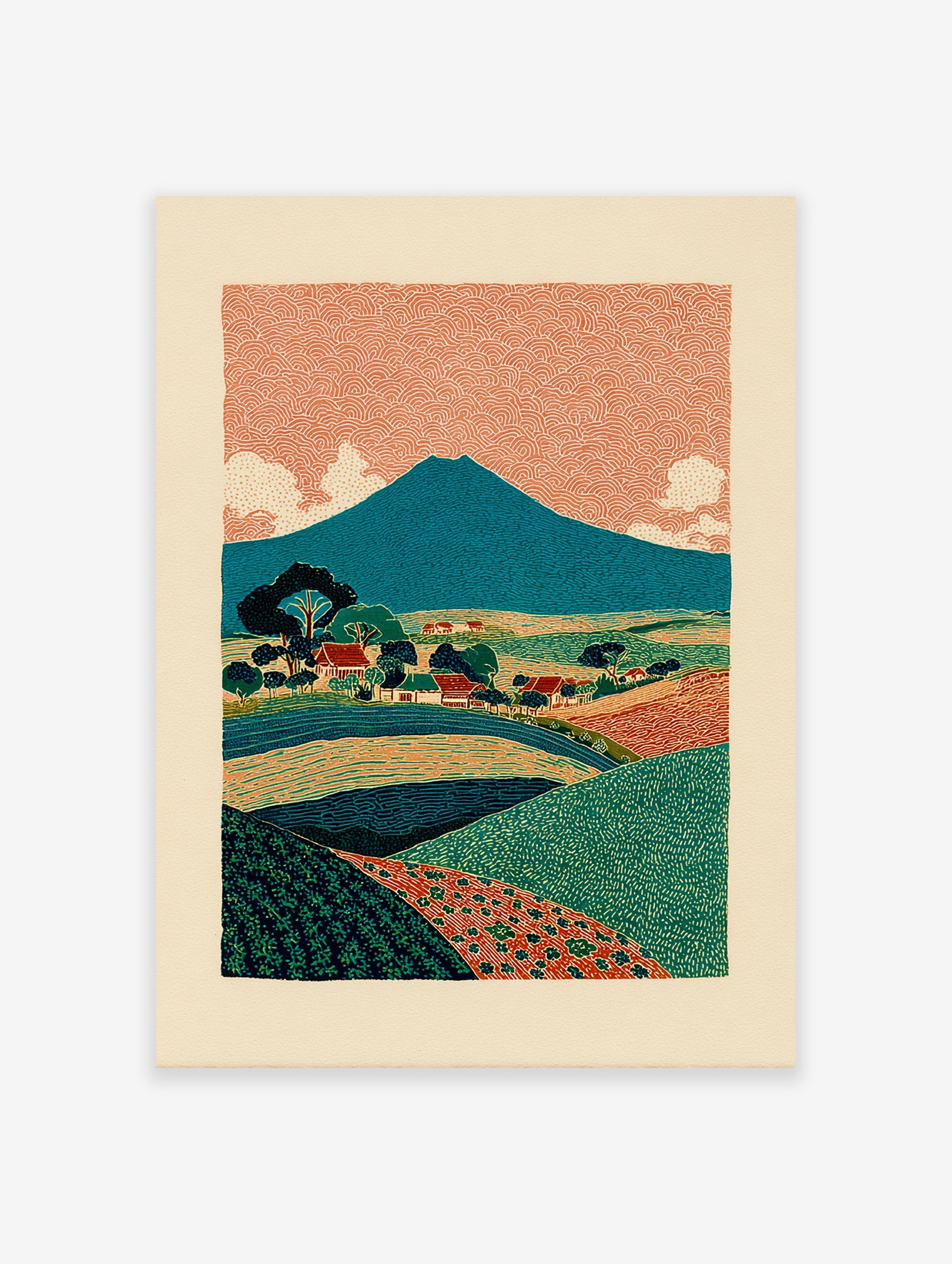 Illustrative landscape poster depicting a blue mountain, orange patterned sky, green fields, and a small village.