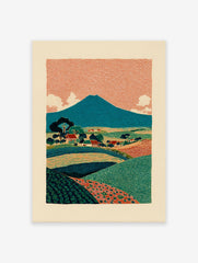 Illustrative landscape poster depicting a blue mountain, orange patterned sky, green fields, and a small village.