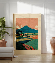 Illustrative landscape poster depicting a blue mountain, orange patterned sky, green fields, and a small village. - Image 3