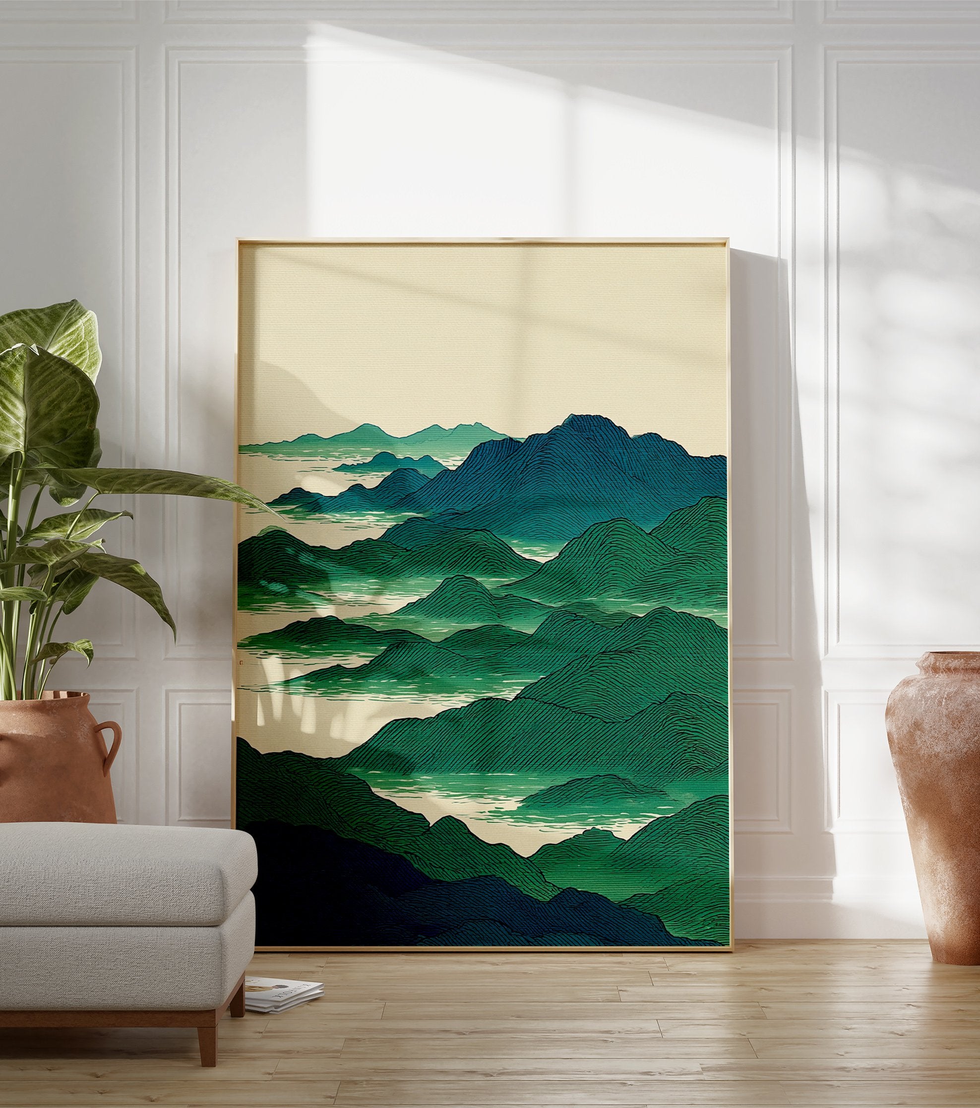 Asian style landscape wall art print featuring layered green and blue mountains with mist on a light cream background. - Image 3