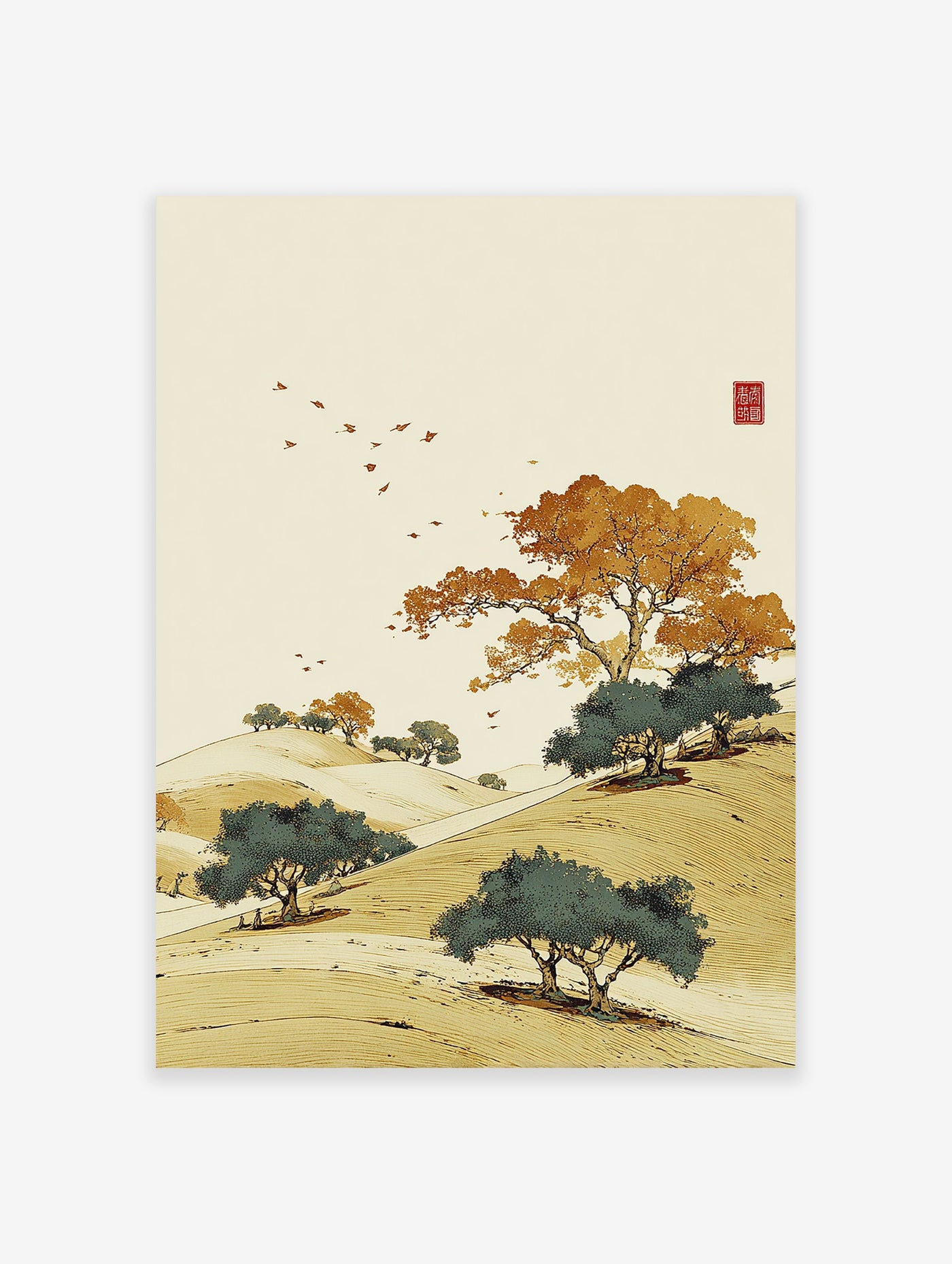 Asian-style landscape wall art print with rolling golden hills, vibrant orange and green trees, birds, and a traditional red seal.