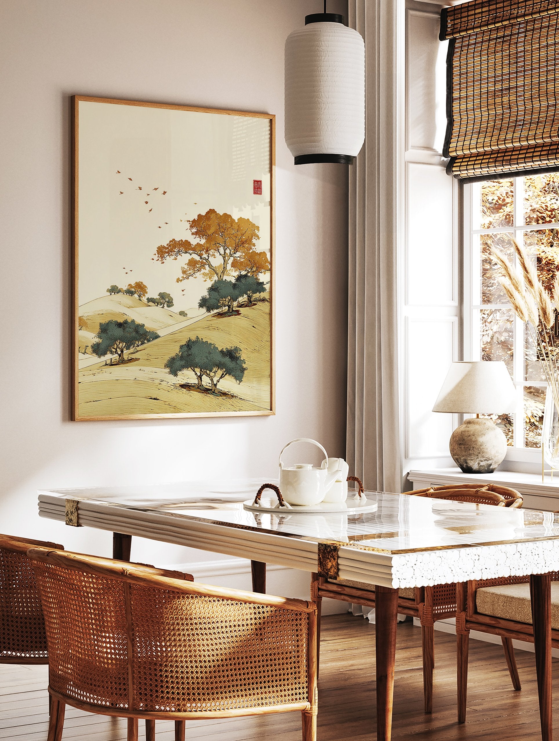 Asian-style landscape wall art print with rolling golden hills, vibrant orange and green trees, birds, and a traditional red seal. - Image 2