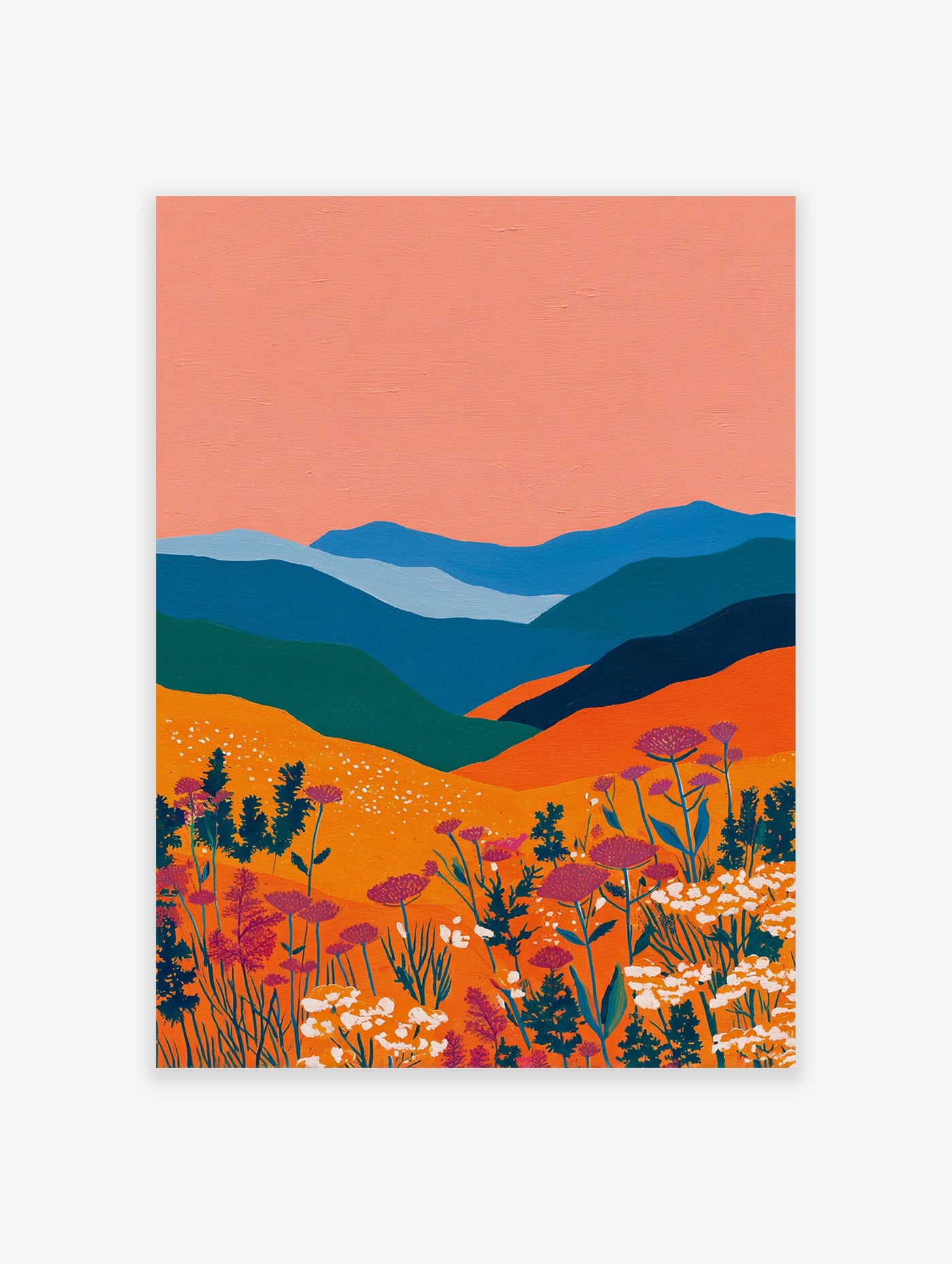Colorful landscape wall art painting featuring blue mountains, orange fields, peach sky, and purple & white wildflowers.