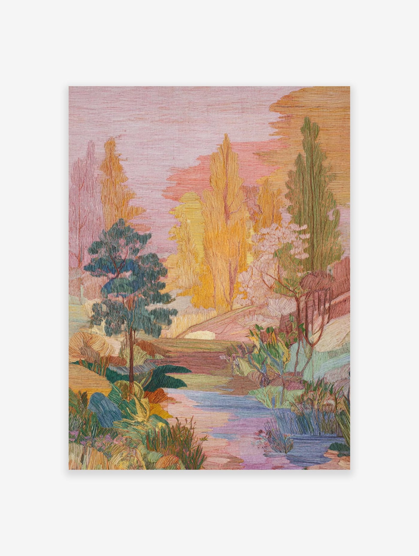 Embroidered landscape wall art depicting a serene nature scene with colorful trees, a river, and pink sky.