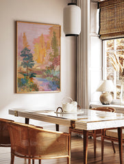 Embroidered landscape wall art depicting a serene nature scene with colorful trees, a river, and pink sky. - Image 2