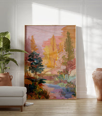 Embroidered landscape wall art depicting a serene nature scene with colorful trees, a river, and pink sky. - Image 3