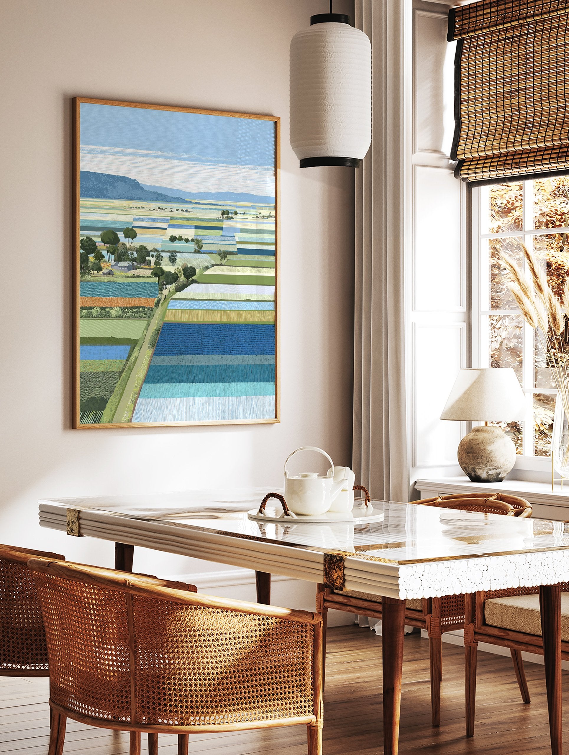 Modern illustrative Landscape Wall Art depicting colorful patchwork farm fields, trees, and distant hills under a blue sky. - Image 2