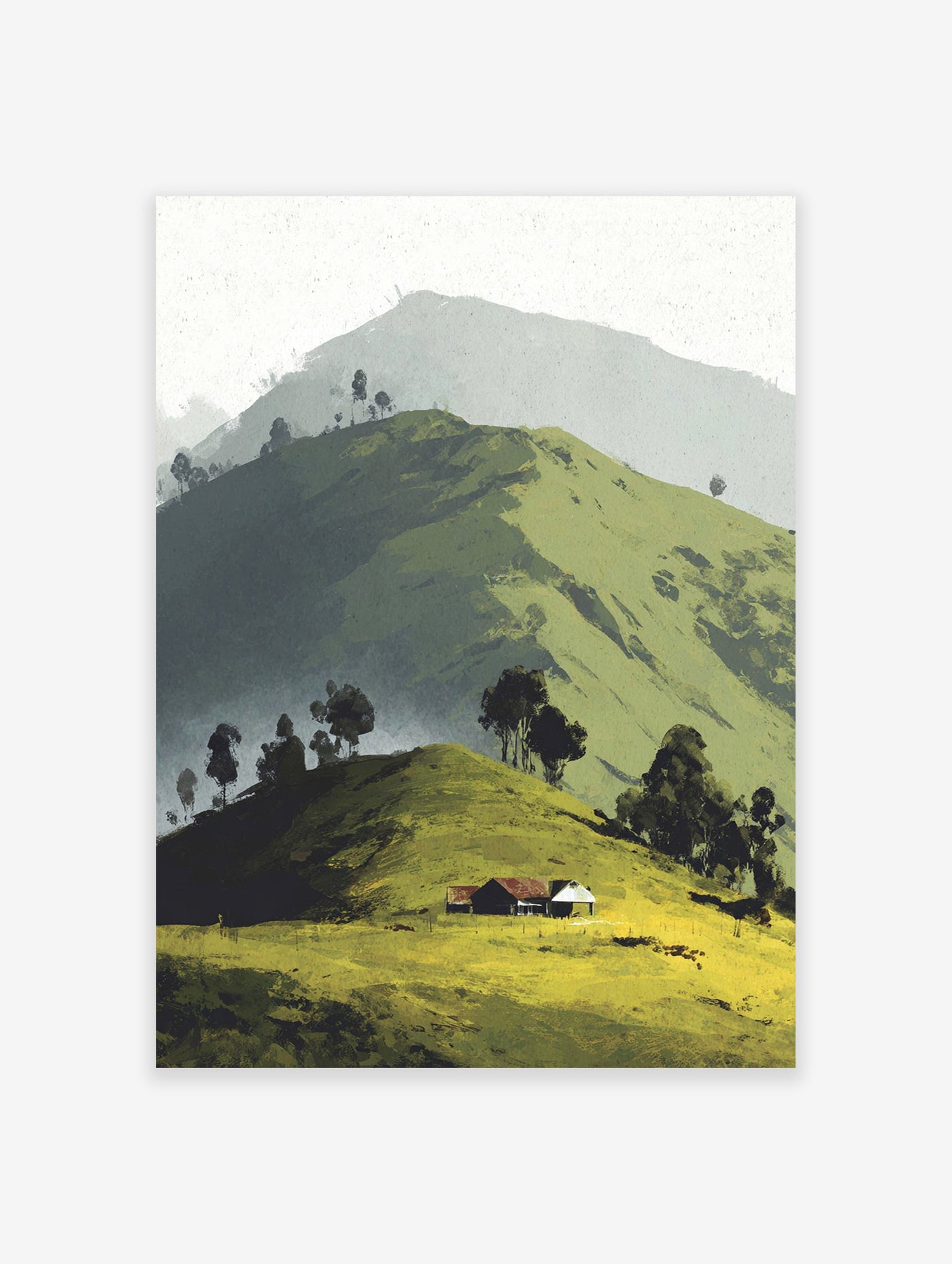 Illustrative landscape wall art of green rolling hills, scattered trees, and a small house with a red roof under a soft sky.