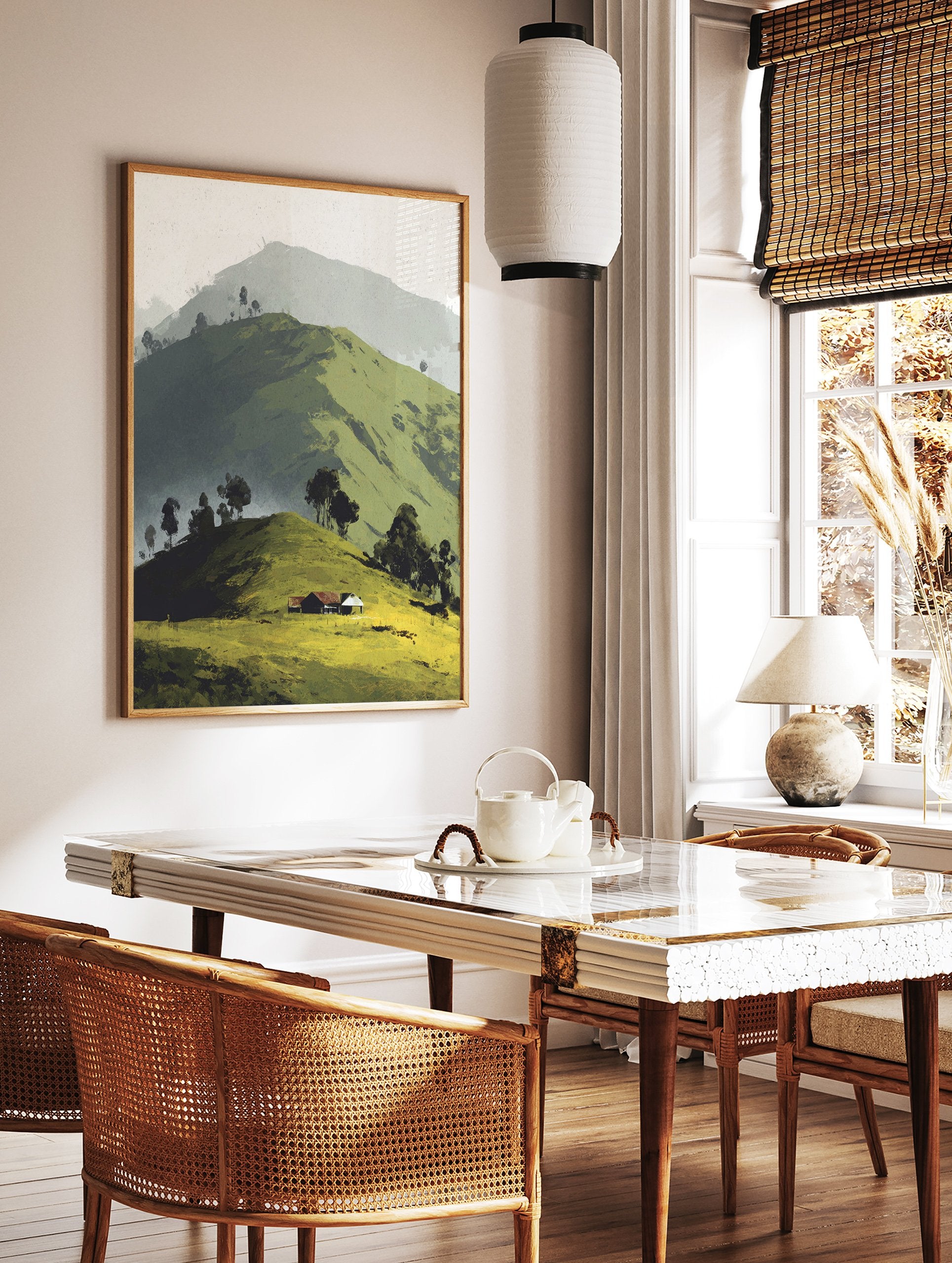 Illustrative landscape wall art of green rolling hills, scattered trees, and a small house with a red roof under a soft sky. - Image 2