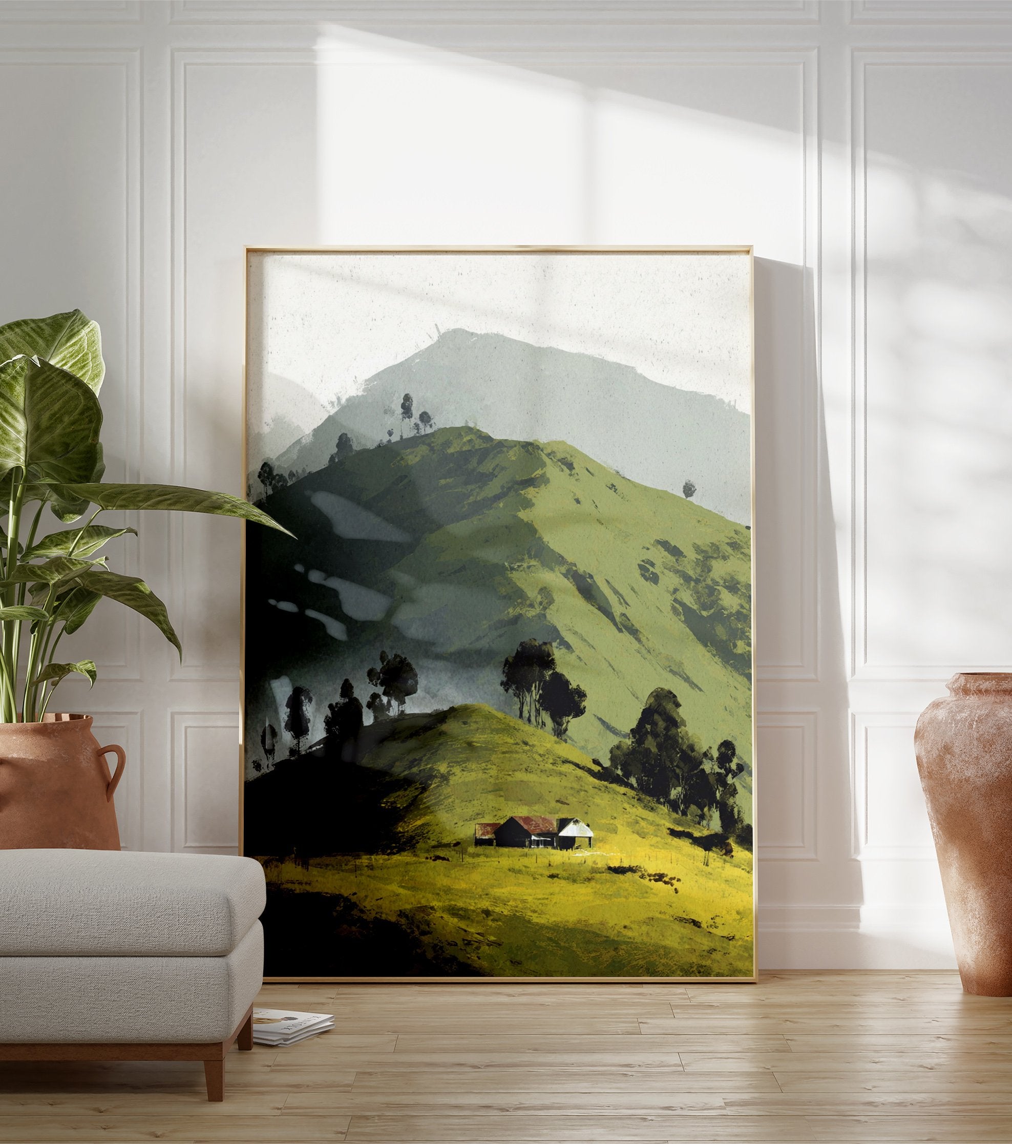 Illustrative landscape wall art of green rolling hills, scattered trees, and a small house with a red roof under a soft sky. - Image 3