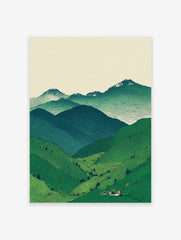 Illustrative landscape art print of green mountains, a tea plantation valley with houses, and distant snow-capped peaks.