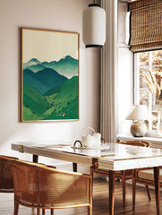 Illustrative landscape art print of green mountains, a tea plantation valley with houses, and distant snow-capped peaks. - Image 2