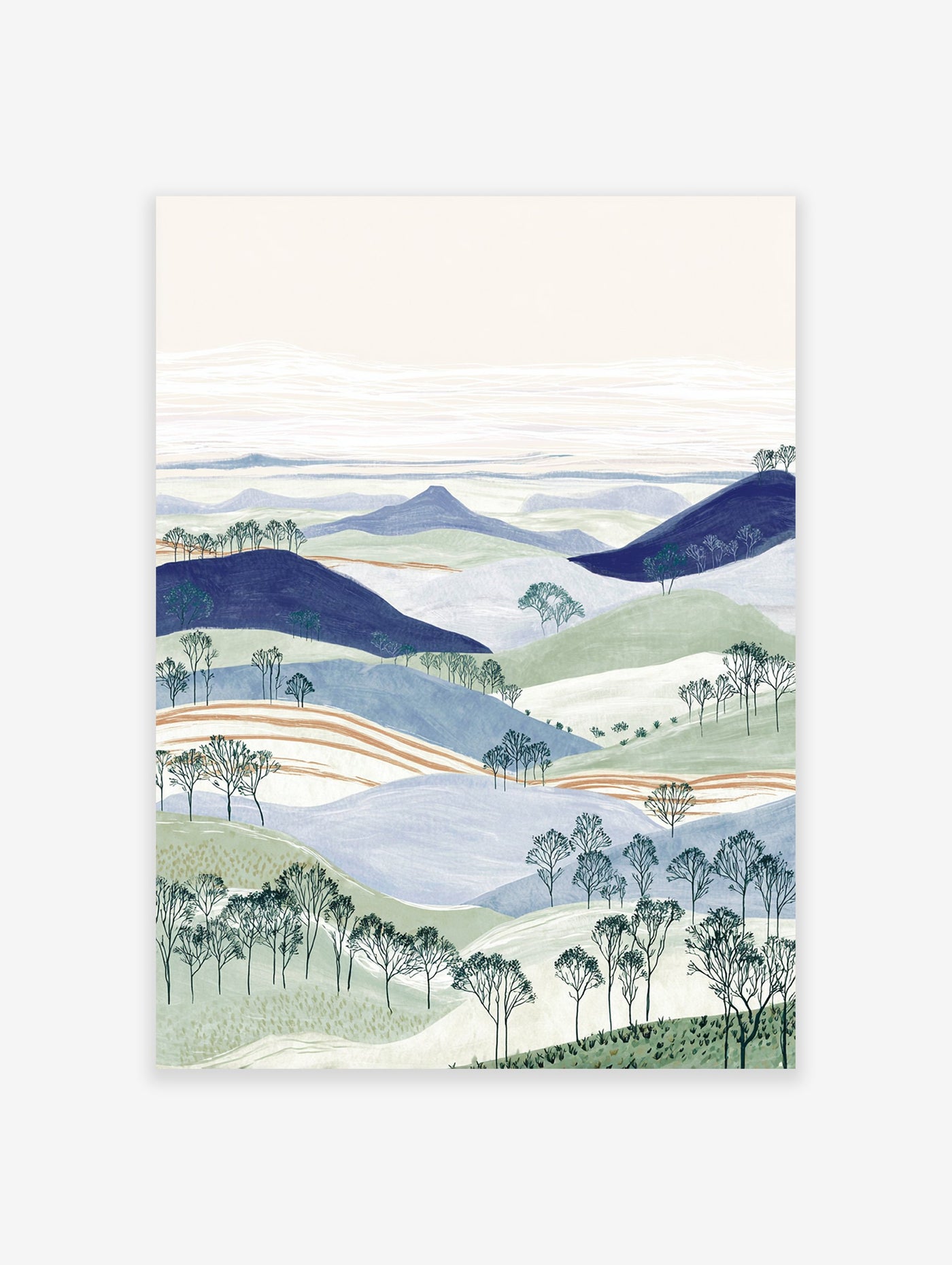 Illustrated landscape wall art with layered blue and green hills, bare trees, and a pale sky.