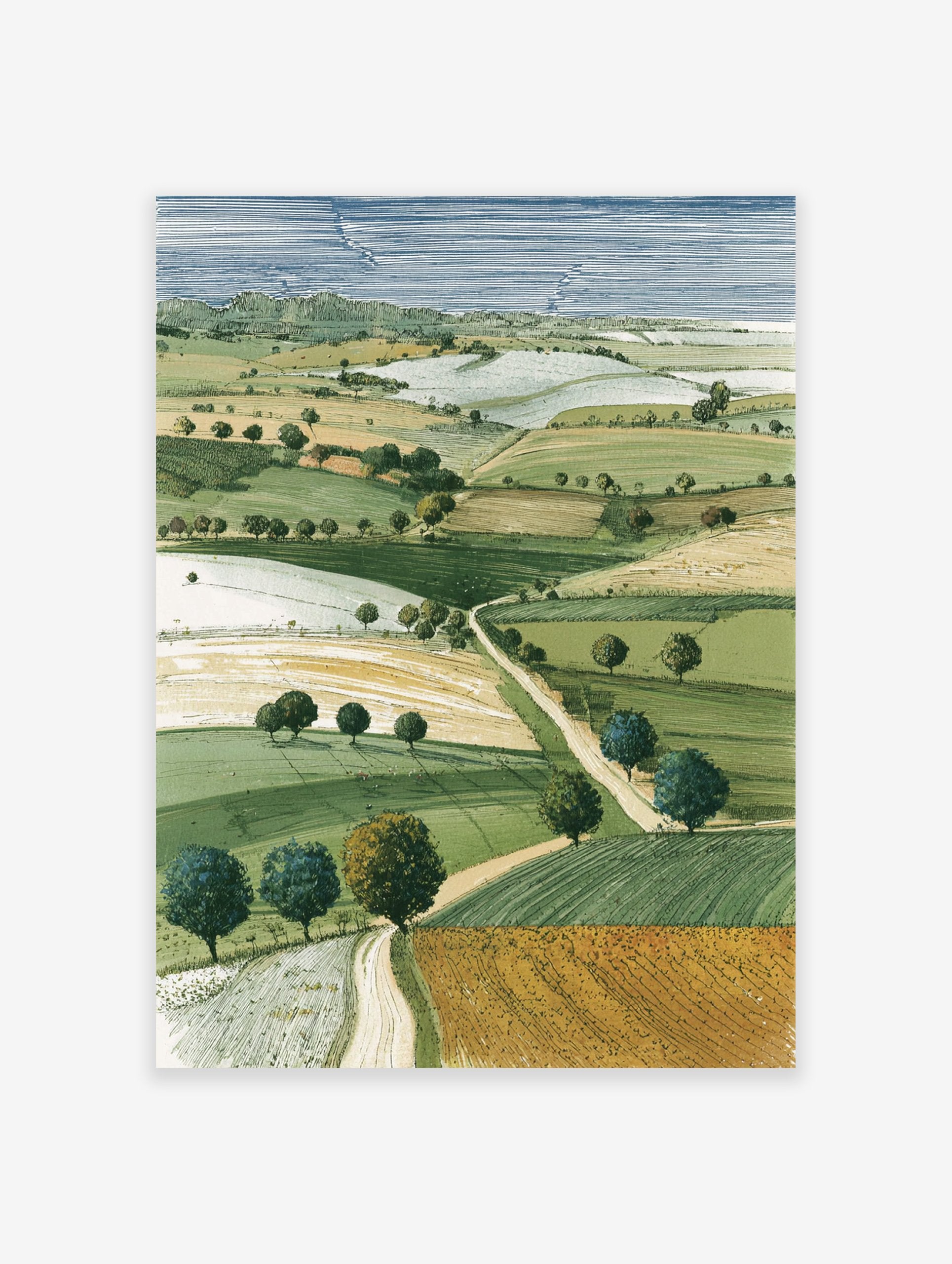 Illustrative landscape wall art print showing green and golden rolling fields, scattered trees, and a winding path under a striped blue sky.