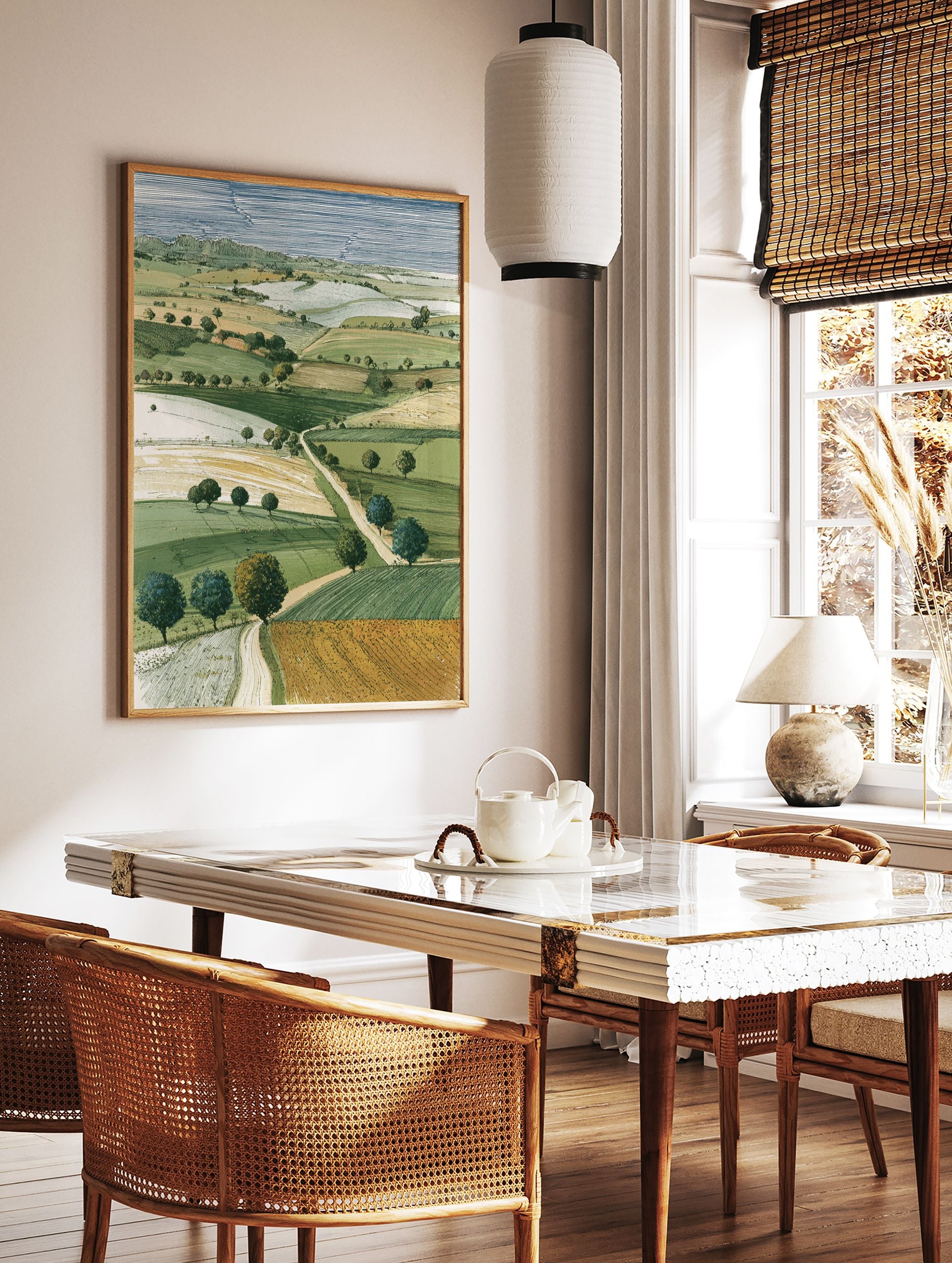 Illustrative landscape wall art print showing green and golden rolling fields, scattered trees, and a winding path under a striped blue sky. - Image 2