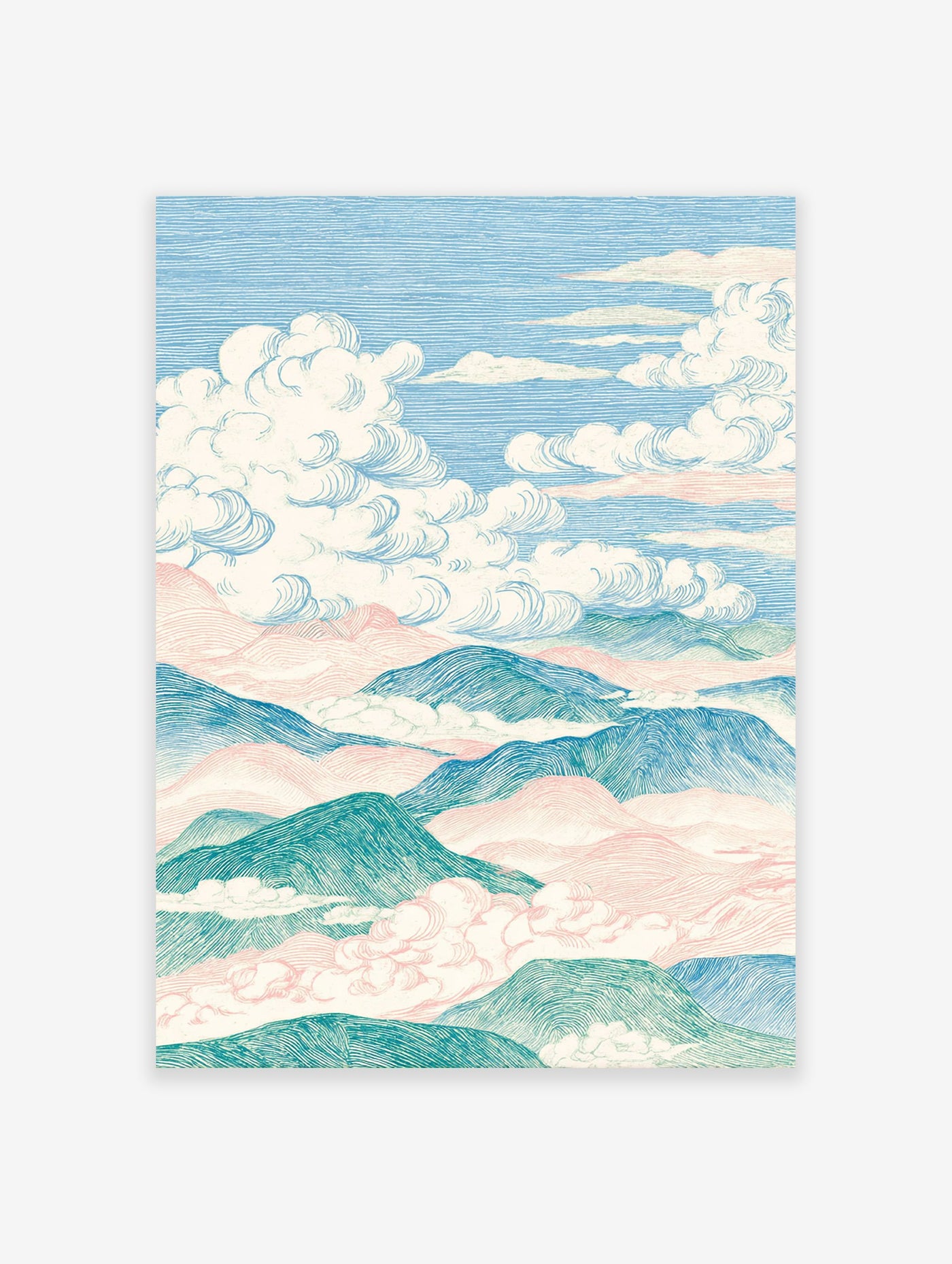 Illustrative landscape wall art print of mountains and clouds in pastel blue, green, and pink, featuring detailed line work.