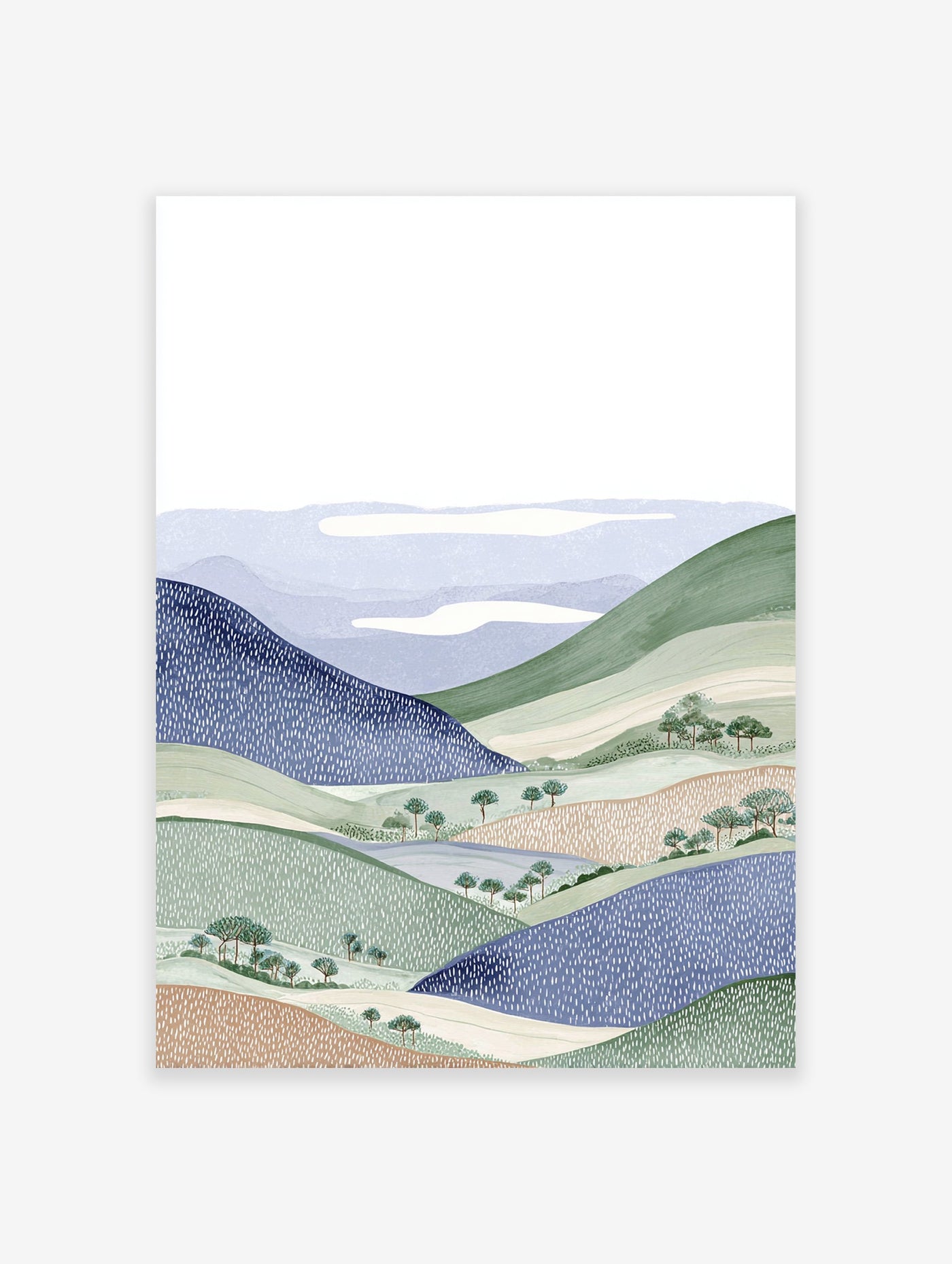 Illustrative landscape wall art print featuring blue and green rolling hills, trees, and white clouds.