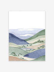 Illustrative landscape wall art print featuring blue and green rolling hills, trees, and white clouds.