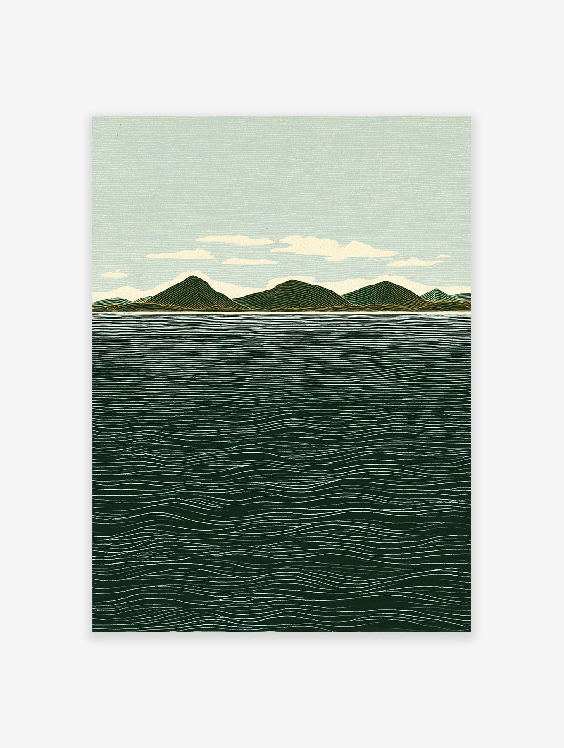 Illustrative landscape wall art print showing green mountains, a light blue sky with clouds, and a dark blue ocean with white waves.