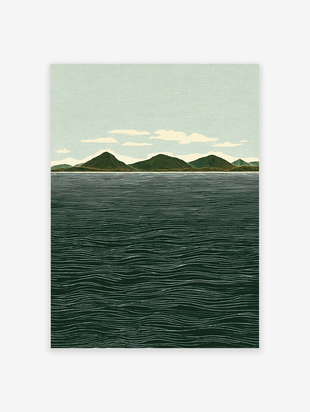 Illustrative landscape wall art print showing green mountains, a light blue sky with clouds, and a dark blue ocean with white waves.