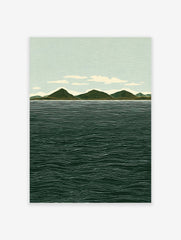 Illustrative landscape wall art print showing green mountains, a light blue sky with clouds, and a dark blue ocean with white waves.
