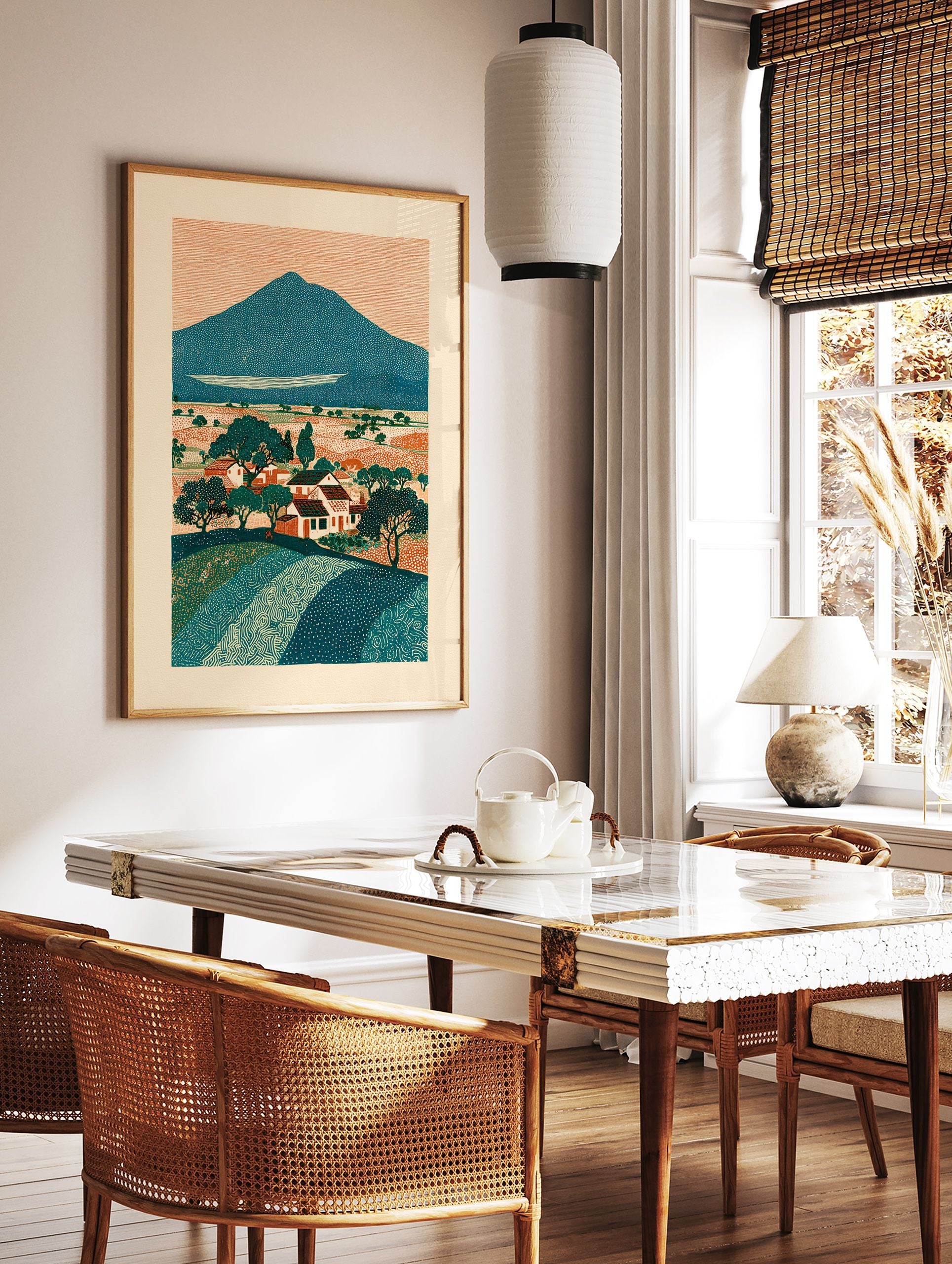 Illustrative landscape art print of a mountain, village, and fields with trees, in teal, orange, and cream colors. - Image 2